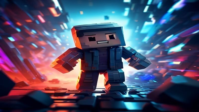 A block-shaped game character running through colored light