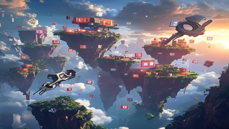 Floating islands and game-like objects in a cloud-filled sky