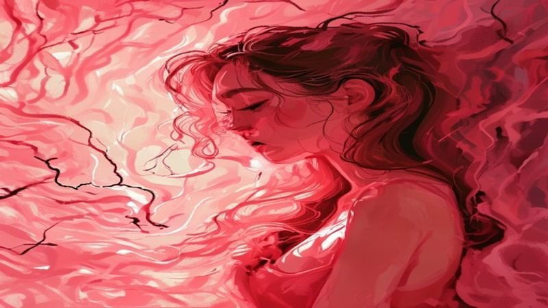 A red-toned painted portrait among flowing lines