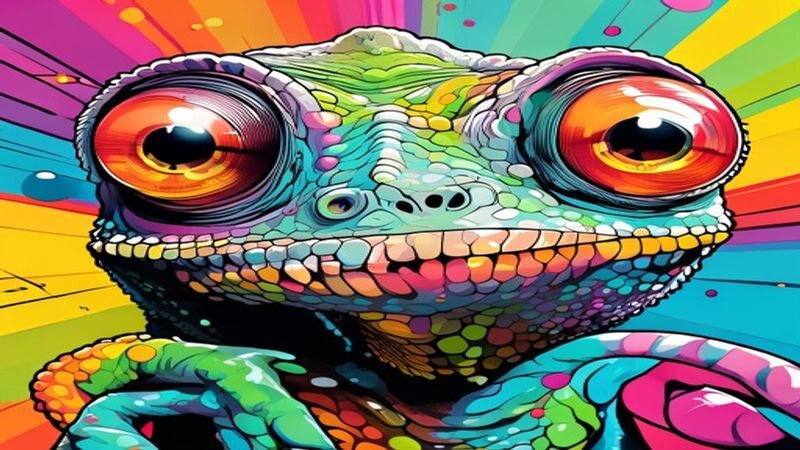 A brightly patterned chameleon with large round eyes