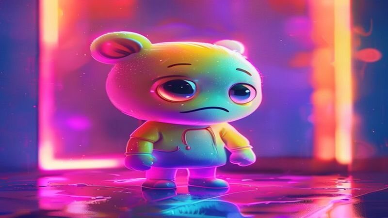 A small bear-like character in a neon-lit room