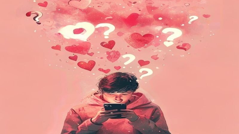 A seated person beneath floating hearts and question marks