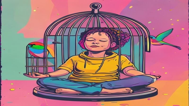 A seated figure holding a phone inside an open birdcage