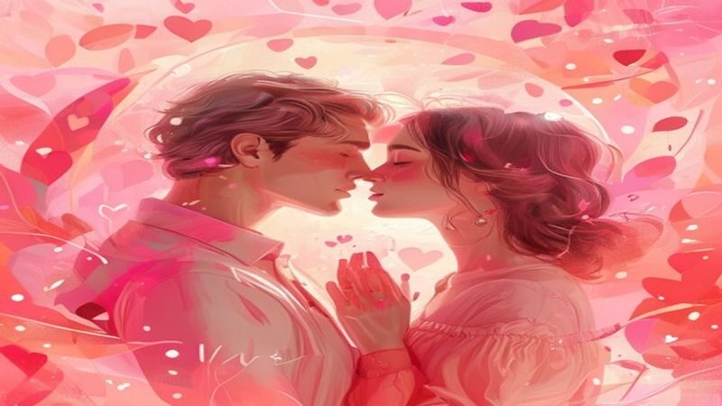 Two illustrated people facing one another amid pink petals