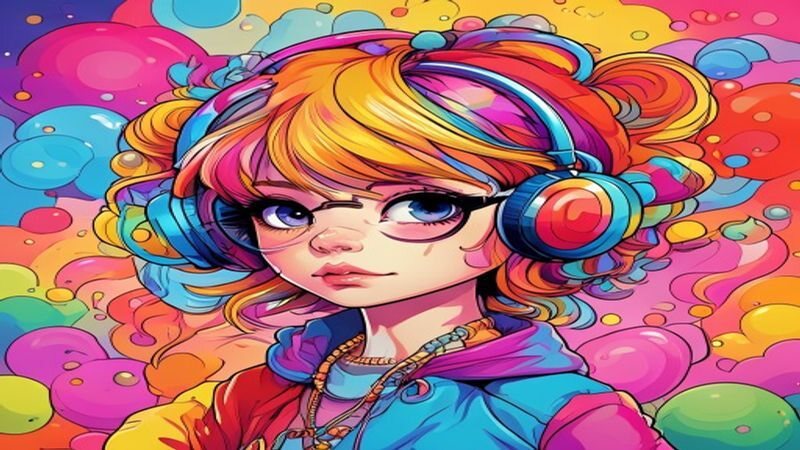 A colorful portrait with glasses and headphones