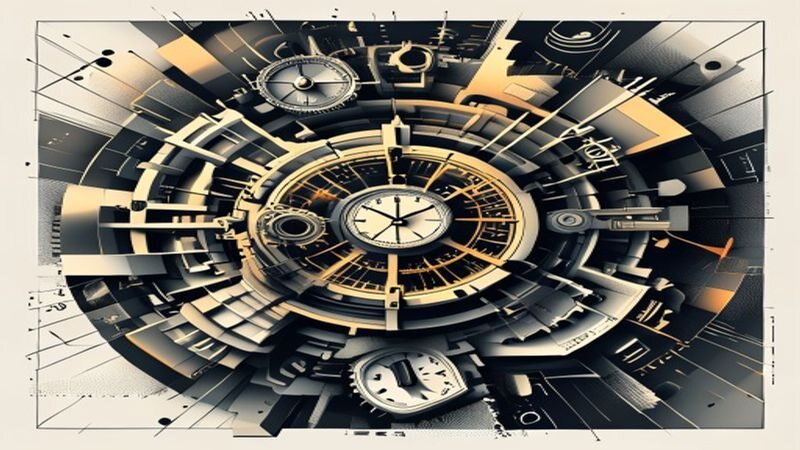 Clocks arranged inside a geometric spiral