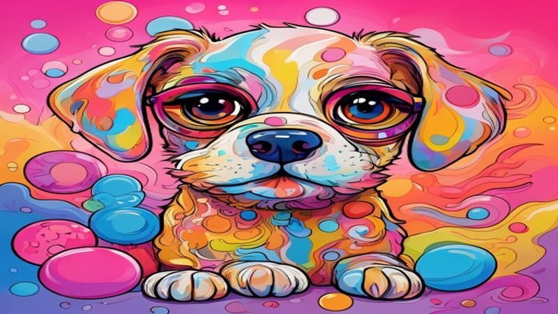 A small puppy against a colorful patterned background