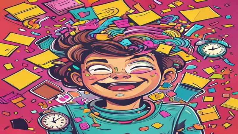 A laughing cartoon boy surrounded by objects and shapes