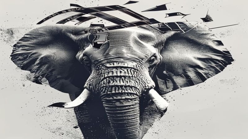 An elephant head in a geometric black-and-white composition