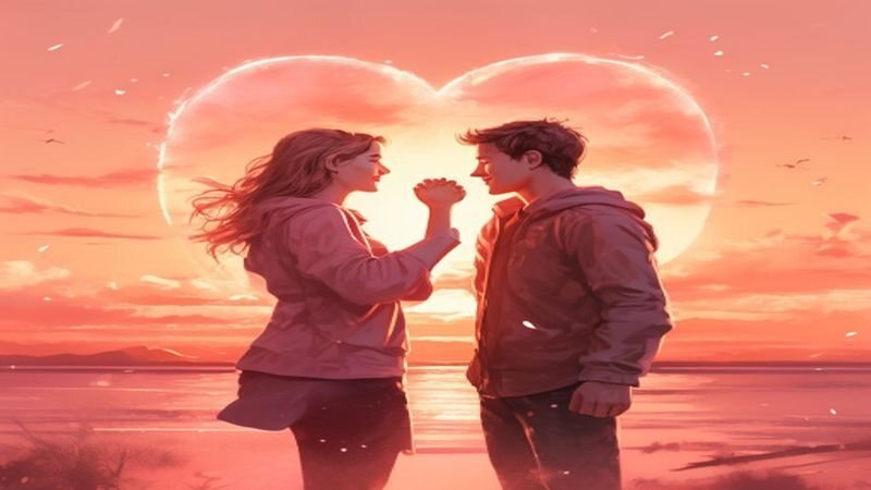 Two people talking outdoors at sunset