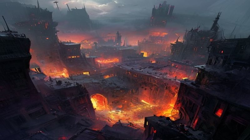 A dark game-like city with glowing streets