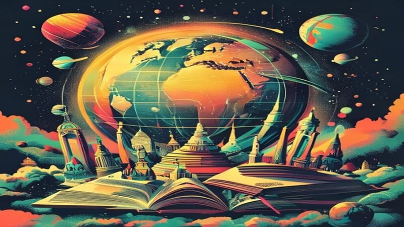 A globe above an open book and small landmarks