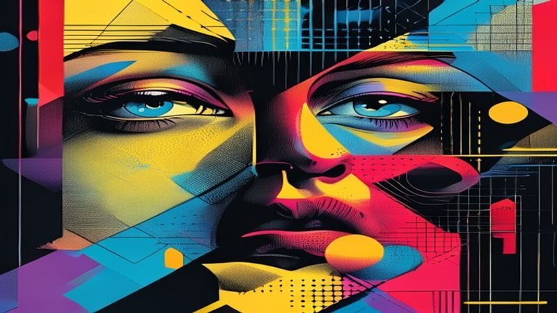 A portrait partly obscured by geometric blocks