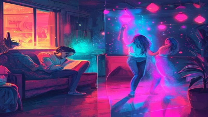 People in a softly lit room with a glowing figure