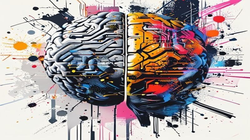 A stylized brain split into monochrome and colorful halves