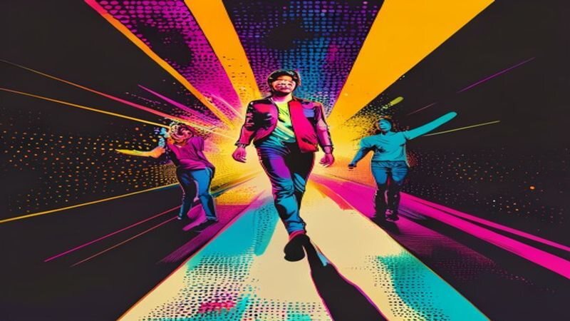 A central figure walking under radiating colored beams