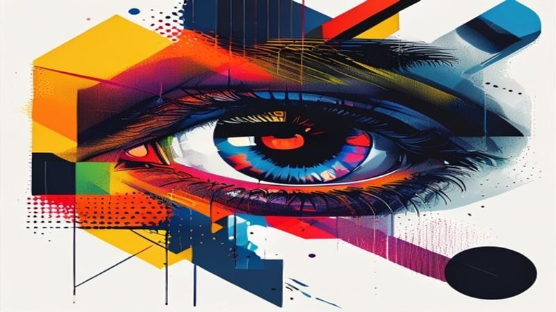 A close-up eye in a geometric multicolored composition