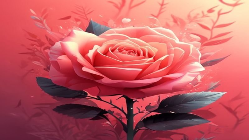A pink rose with leaves against a pale pink background