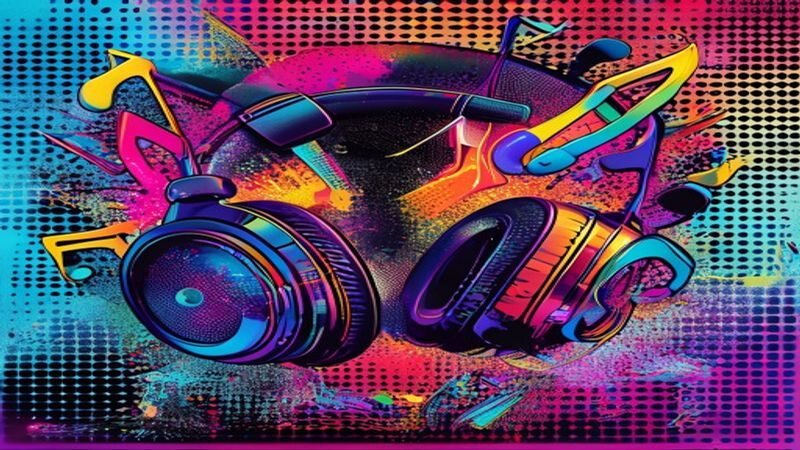 Headphones surrounded by colorful musical shapes