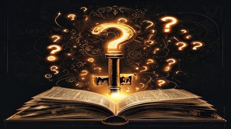 Glowing question marks rising from an open book