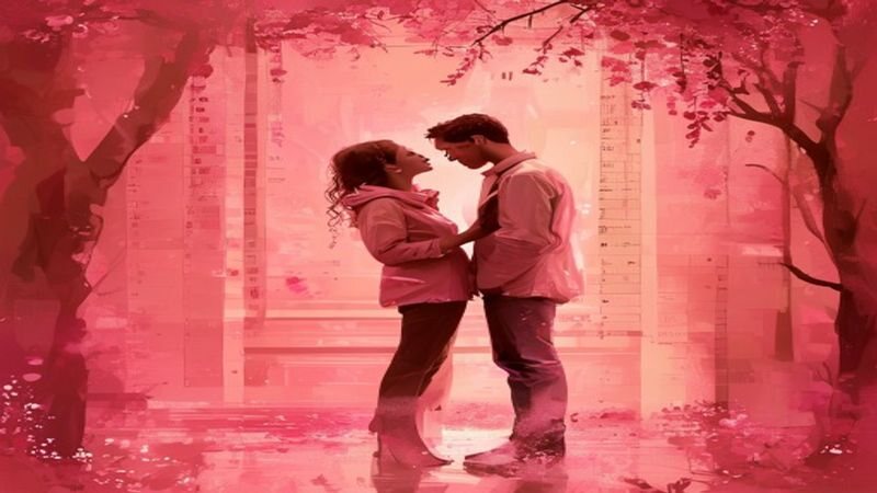Two people meeting beneath pink trees