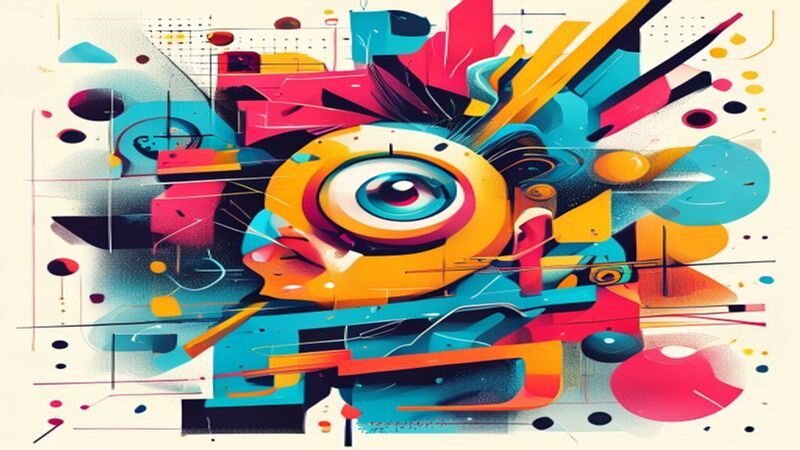 A single eye surrounded by colorful geometric blocks