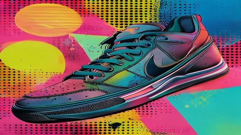 A teal sneaker against a pop-art background