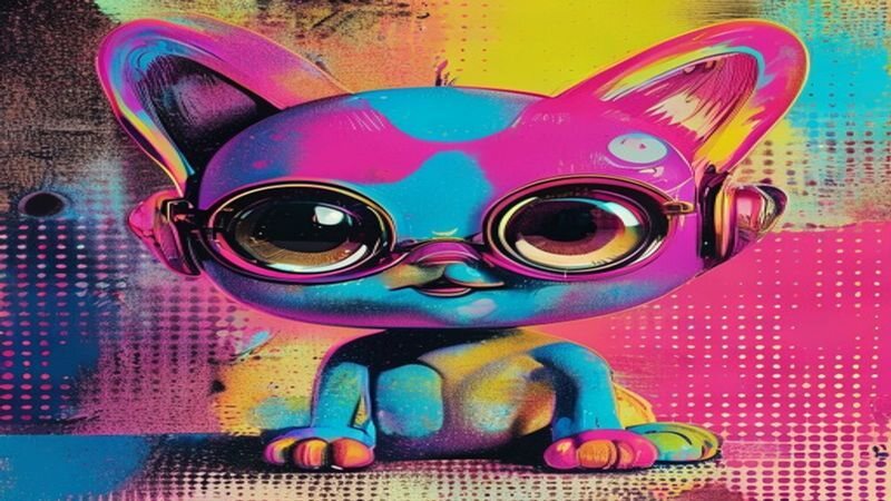 A small cat-like mascot wearing round glasses