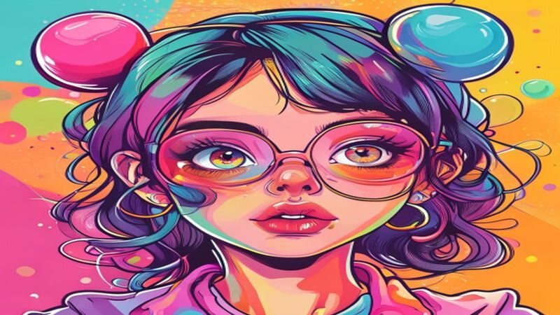 A colorful cartoon portrait with glasses