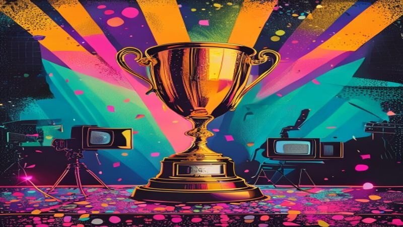 A gold trophy on a colorful stage
