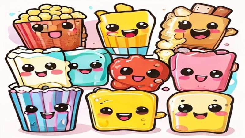 A group of smiling cartoon snack packages