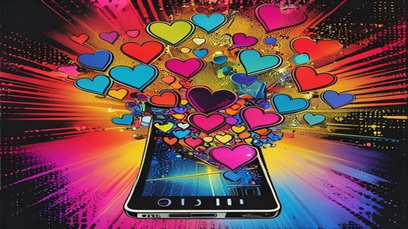 A phone with colorful hearts floating above it