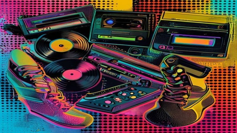 Records, a cassette player and colorful headphones
