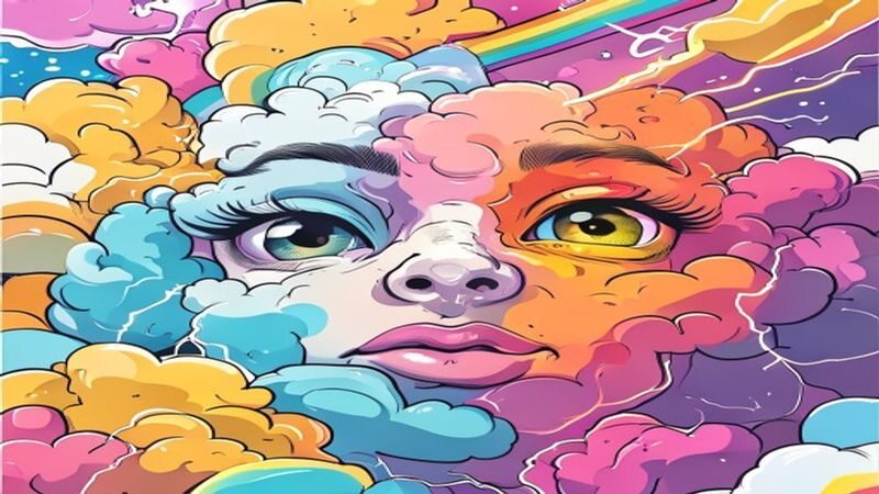 A face surrounded by colorful cloud shapes