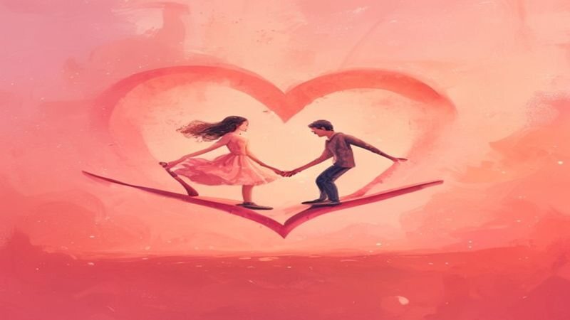 Two people balancing on a seesaw beneath a heart