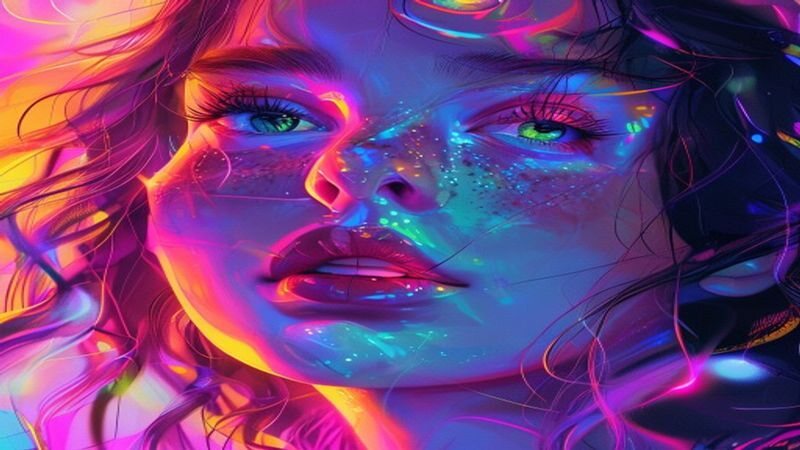A face illuminated by pink and blue light