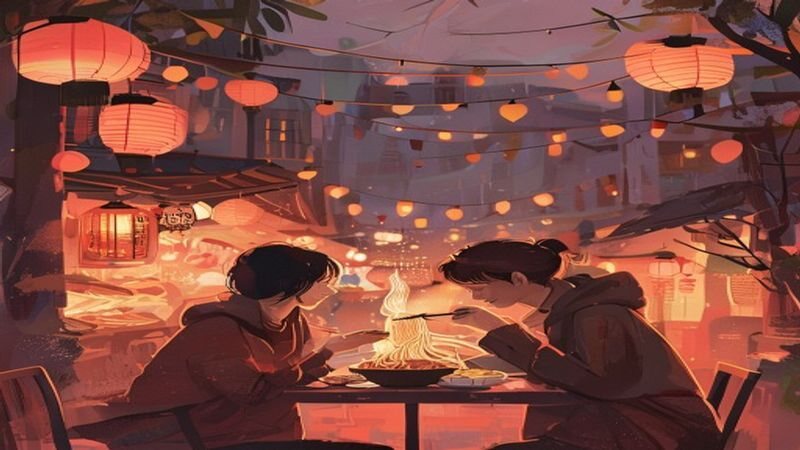 Two people sitting at a table beneath lanterns
