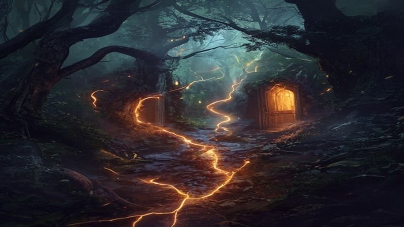 A glowing path splitting in a dark forest