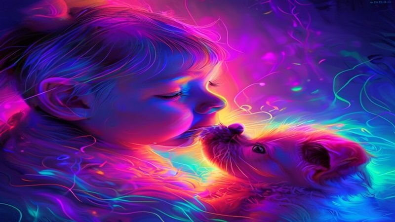 A person and a cat facing one another in colored light