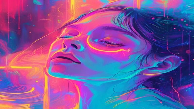 A profile amid flowing colored ribbons